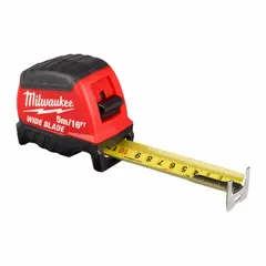 This 16 ft / 5 m tape measure features a plastic body in black and red with a manual lock and nonmagnetic single hook tip. The blade displays dual Metric/SAE and Inch/Metric scales for versatile measurement. Suitable for general measuring tasks in construction, fabrication, and maintenance where magnetic attachment is not desired.