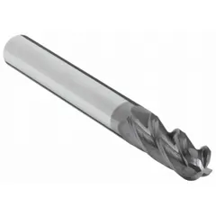 General purpose carbide ball end mill with AlTiN coating for wear resistance and heat protection. Four-flute design with 15/64" mill diameter, 3/4" length of cut, and 2-1/2" overall length. Suitable for contouring, slotting, and die work in metalworking applications.