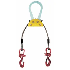 Two-ton capacity load-leveling two-leg bridle wire rope sling made of steel. Uncoated rope finish. Automatically adjusts leg tension to balance uneven loads during lifting and positioning in industrial rigging and material handling applications. Manufactured in the USA.