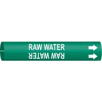 Green snap-on pipe marker with white legend reading 'Raw Water' and directional arrows. Fits pipe outer diameters from 3/4 to 1-3/8 inches. Used to identify raw water lines in piping systems, supporting clear labeling of pipe contents and flow direction