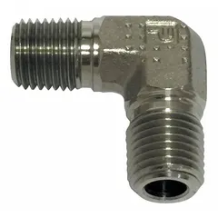 Steel hydraulic hose adapter with 1/4 in NPTF male threads on both ends, configured as a rigid 90° elbow. Used to connect two male NPTF-threaded components at a right angle in hydraulic systems, providing a leak-resistant joint in fluid power applications.