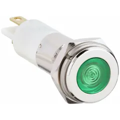 Green LED pilot light with flush head design for low-profile mounting in 10 mm panel holes. H10 rating ensures reliable performance in industrial control panels and machinery. Electrical connection via 0.11 male quick disconnect terminals.