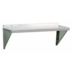 Aluminum solid wall-mount shelving unit measuring 48 in x 12 in, with a load capacity of 125 lb. Constructed of unfinished aluminum and includes mounting posts. NSF certified for use in food-service and other sanitary environments.