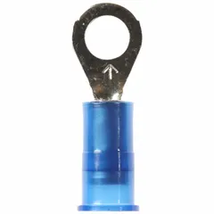 Nylon-insulated ring terminal for #10 stud size, accepting 16 AWG to 14 AWG wire. Rated for 1000 V. Used for secure, vibration-resistant terminations in control panels, machinery, and power distribution.