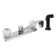 This centerset kitchen faucet features a plastic body with a chrome finish. Designed for widespread deck mounting with three holes, it is suitable for residential or light commercial kitchens. The low-arc spout provides clearance for standard sink basins, facilitating washing and food preparation tasks.