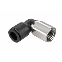This nylon and nickel-plated brass tube fitting is a 90-degree elbow with a Push-to-Connect connection for 1/2 in OD tubing and a 1/4 in FNPT thread. It is used in pneumatic and fluid-handling systems for tool-free, leak-free connections in confined spaces