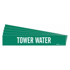 Green adhesive pipe marker with white legend reading 'Tower Water', designed for pipe outer diameters of 8 inches and larger. Each pack contains 5 markers without directional arrows, suitable for identifying tower water lines in industrial piping systems.