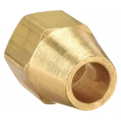 This brass flared fitting nut is designed for 45-degree flare connections on 1/8 in OD tubing. It meets SAE J512 standards and is supplied in a 10-pack. Commonly used in fluid systems requiring leak-free sealing.