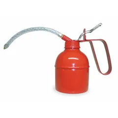 This lever-grip oil dispenser has a 10 fl oz overall capacity and a flexible 6-inch spout for reaching confined spaces. The tin-coated steel body and steel pump with two ball valves keep the dispenser primed for immediate use. Suitable for one-handed lubrication of machinery, bearings, and chains in industrial maintenance.
