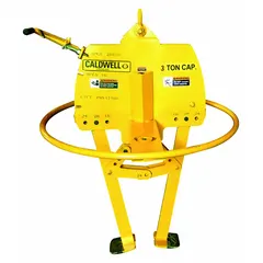 Handle-actuated vertical coil lifter for lifting and transporting coils in a vertical orientation. Max load capacity of 10,000 lb with an 8 in foot width. Suitable for use in steel mills, metal service centers, and manufacturing plants where one-person operation is desired.