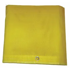 Standard-duty mesh tarp, 12 ft long by 7.75 ft wide, made of 5 mil yellow vinyl with PVC coating at 10 oz/sq yd. The mesh design allows airflow, reducing wind stress while providing weather resistance. Suitable for covering equipment, materials, or loads in industrial and construction settings.