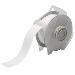 Precut label roll for thermal transfer printing, made of acrylic with aggressive permanent adhesive. Measures 1 11/64 in x 2 3/4 in. Compatible with GlobalMark 2 printer series. Used for industrial identification and labeling requiring durable marking on challenging surfaces.