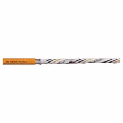 This CHAINFLEX servo VFD power cable features a shielded twisted pair 16 AWG and (4) 4 AWG conductors with a ground. The orange jacket is suitable for connecting variable frequency drives to servo motors in industrial automation and robotics. Minimum bend radius is 5 x OD for fixed installation and 8 x OD for flexible applications. Sold by the foot.