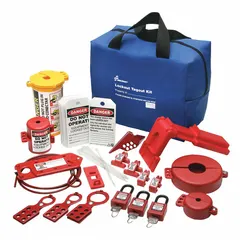 This portable lockout tagout kit includes keyed different padlocks, a wall switch lockout, one cable lockout device, and two ball valve lockout devices. The components are stored in a heavy-duty nylon bag with an oversize zipper pull, measuring 6 in D x 12 in W x 10 in H. Used for isolating electrical and valve energy sources during maintenance or repair.