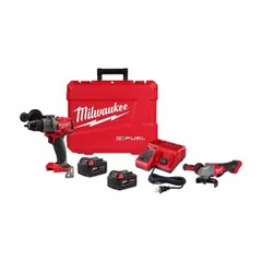 This 18 V DC cordless combination kit includes a hammer drill and an angle grinder. The hammer drill is suited for drilling into masonry and concrete, while the angle grinder handles cutting and grinding on metal. Both tools operate on the Milwaukee M18 battery platform, providing cordless mobility for construction, fabrication, and maintenance tasks.