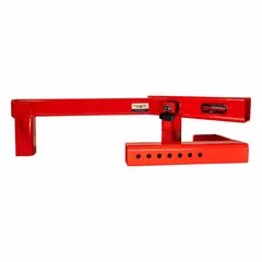 Steel vehicle wheel boot lock in red finish. Keyed different, includes two keys. Used to secure cushion-tire forklifts and industrial vehicles, preventing unauthorized movement or theft. Suitable for fleet maintenance, warehouses, and construction sites.