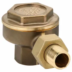 Brass body angle thermostatic steam trap with 1/2 in FNPT inlet, rated for 25 psi maximum pressure and 1,270 lb/hr condensate capacity. Designed for efficient removal of condensate and non-condensable gases from steam lines in industrial heating and process systems.