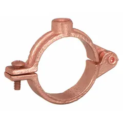 This copper-plated cast iron split-ring hanger supports tube and pipe with a maximum outside diameter of 1 1/8 in. Designed for use with 3/8 in threaded rod, it provides a swivel loop for alignment in industrial piping systems.
