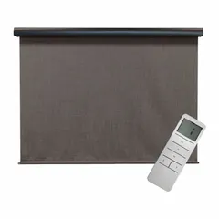 Motorized outdoor shade with remote control, part of the Regal Series. Features an 8 ft valence width, white fabric, oil-rubbed bronze valance, and a cable tie-down system. Used to block sun and reduce heat gain on patios, decks, or pergolas.