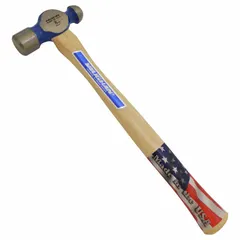 This standard ball-peen hammer features a steel head with a plain grip handle. The 8 oz head weight and 7/8 in face diameter suit general metalworking tasks such as shaping metal, striking chisels, and riveting. The rounded peen end is used for peening rivets and forming metal. Overall length is 12 in.