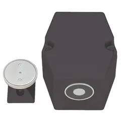 Floor-mounted electromagnetic door holder in bronze finish. Fail Safe mode releases the door upon power loss, allowing automatic closure. Used to hold fire-rated doors open in commercial and industrial buildings.