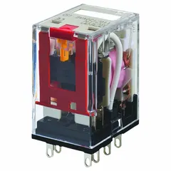 Socket-mounted relay with 4PDT contact configuration, rated 1 A at 220V AC resistive load. Features a square base, flat pin shape, and plug-in connection for G socket. Operates at 200/220V AC. Suitable for switching resistive loads in industrial control panels, automation systems, and HVAC equipment.