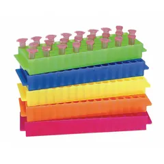 This polypropylene test tube rack holds up to 80 tubes and is designed for benchtop use. The pink color allows for quick visual identification in laboratory or clinical settings. Overall dimensions are 9 in length, 2 3/4 in width, and 1 in height.