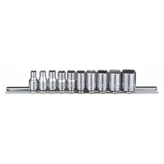 This 10-piece socket set includes 12-point SAE sockets ranging from 5/32 in to 1/2 in with a 1/4 in drive. The tether-ready design allows for attachment of a lanyard to prevent tool drops in elevated or confined workspaces. Suitable for fastening and loosening nuts and bolts in automotive repair, machinery maintenance, and general industrial assembly.