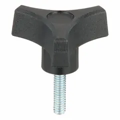 This 3-arm knob features a 2-inch diameter and a 1/4"-20 threaded stud. The body is plastic with a steel thread insert, finished in black. It is used for manual clamping, positioning, and adjustment on industrial machinery, jigs, and fixtures.