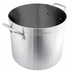 This 12 qt capacity aluminum stock pot has a 4 mm gauge and 11 1/8 in diameter. NSF certified for food safety. Lid not included. Suitable for simmering stocks, soups, and sauces in commercial kitchens.
