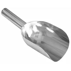 Silver stainless steel hand scoop with an 11 in overall length and 4 in overall width. Suitable for sanitary material handling in controlled environments, such as transferring powders, granules, or small parts.