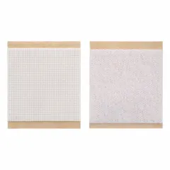White polypropylene hook-and-loop square, 1 in by 1 in, with pressure-sensitive adhesive backing. Used for light-duty mounting, bundling, and temporary attachment on smooth surfaces in industrial assembly, signage, and cable management.