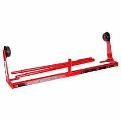 This mobile surface protection dispenser is 57 inches long and red in color. It is designed for use with 3M Dirt Trap and 3M Self-Stick Liquid Protection Fabric, accommodating a 56-inch compatible roll size. Compatible with manufacturer part number 36853.