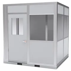This 4-wall assembled in-plant office features an aluminum frame with vinyl-covered drywall in gray. It includes five windows and has a Sound Transmission Coefficient (STC) of 25. Suitable for creating enclosed workspaces within industrial facilities such as manufacturing plants, warehouses, and distribution centers.