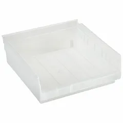 This clear plastic shelf bin is designed for organizing small parts and components on shelving in industrial workstations, warehouses, and assembly lines. Its transparent construction allows quick visual inventory checks. The bin is nesting capable for space-saving storage when not in use and is not hangable. It is not electrostatic discharge conductive and dividers are not included.