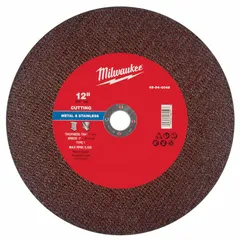 General-purpose cut-off wheel for carbon and stainless steel. Type 1 design with aluminum oxide abrasive and 30 grit. Dimensions: 12" diameter, 7/64" thickness, 1" arbor hole. Suitable for fabrication, maintenance, and metalworking cutting tasks.