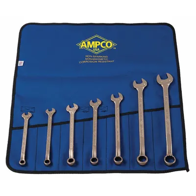 AMPCO Combination Wrench Set: Aluminum Bronze, Natural, 7 Tools, 15° Head Offset Angle - SAE 12-Point, Nonsparking, Combination Wrench Sets