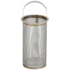 This replacement basket is designed for use with 1-1/4 in Series Strainers. It features a 304 stainless steel screen with 0.062 in mesh, measuring 6.3125 inches in length. The silver basket captures debris from fluids in industrial piping systems, protecting downstream equipment.