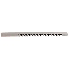 High-speed steel Davis-style keyseating broach for cutting 1/16-inch keyways. Overall length 16 inches, minimum cut length 5/8 inch. Used in machining operations to produce internal keyway slots in gears, pulleys, couplings, and other machine components for shaft key connections.