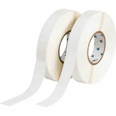 Thermal transfer precut label roll with removable rubber adhesive. Each label measures 1/2 in x 1 in, supplied in rolls of 5,000 labels. Designed for on-demand printing with i7100 printer series. Suitable for temporary identification and marking on equipment, bins, or assets where clean removal is required.