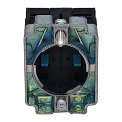 Momentary contact block with 2 normally open (2NO) contacts. Features 22 mm panel mounting size and screw terminals for secure wiring connections. Used in industrial control panels as a switching element for pushbutton stations, selector switches, and pilot devices.