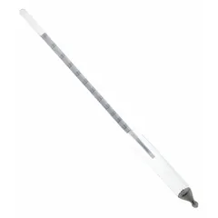 Plain form glass hydrometer for measuring specific gravity of liquids relative to water. Range 1.000/1.220 with 0.002 scale divisions. Used in quality control, chemical processing, and fluid analysis.