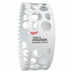 This hole saw cuts through wood, metal, and plastic. It has a 6 in diameter, 4 teeth per inch, and a 5/8"-18 thread. Maximum cutting depth is 1 5/8 in. Suitable for plumbing, electrical, and HVAC installations.