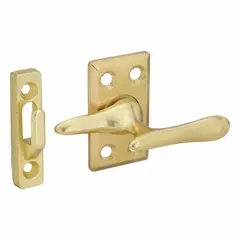 This non-handed bar-latch window lock is designed for casement windows, mounting on the sash. It includes the handle and features a painted brass finish with an overall length of 2 13/32 in. Suitable for residential or light-commercial window hardware replacement.