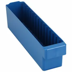 This blue plastic drawer bin from AKRO-MILS measures 3 3/4 inches by 4 5/8 inches and is stacking capable for vertical storage. It does not include dividers. Commonly used for organizing small parts, tools, and components in industrial workstations, warehouses, and assembly lines.