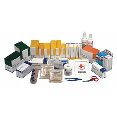 Bulk first aid kit refill for industrial settings, serving up to 100 people with 494 components. Includes (60) adhesive bandages, (100) alcohol wipes, a cold pack, and (50) non-aspirin pain relievers. Latex free and OSHA compliant. Not water resistant or ANSI compliant.