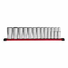 This SAE impact socket set features a 1/2 in drive size and 12-point configuration, with deep well sockets ranging from 3/8 in to 1-1/8 in. The friction retention design secures sockets on the anvil. Suitable for fastening and loosening nuts and bolts in automotive, heavy equipment, and industrial applications.