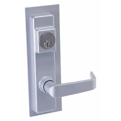 Silver aluminum lever-style outside trim for exit push bars. Designed for doors up to 48 inches wide. Non-ADA compliant. Suitable for use in commercial and industrial facilities requiring mechanical egress hardware.