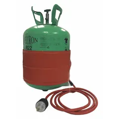 This 200 W heater is designed for 30 lb refrigerant cylinders, using a hook-and-loop strap for secure attachment. It operates on 120V AC with a NEMA 5-15P plug, helping maintain proper refrigerant flow during charging or recovery.
