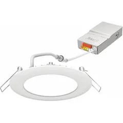 This 4-inch low-profile canless downlight operates at 120V AC and consumes 9W. It delivers 670 to 1,600 lumens with selectable color temperatures of 3000K, 4000K, or 5000K, and is dimmable. The white trim fixture is suitable for general ambient or accent lighting in residential and commercial spaces.